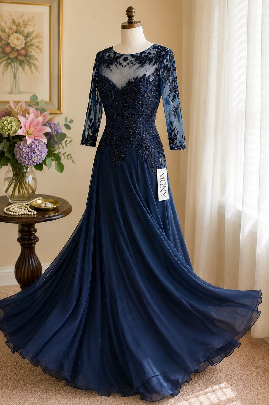 MGNY 71908 Navy Beaded Evening Gown Size 10 NWT | Mother of Bride
